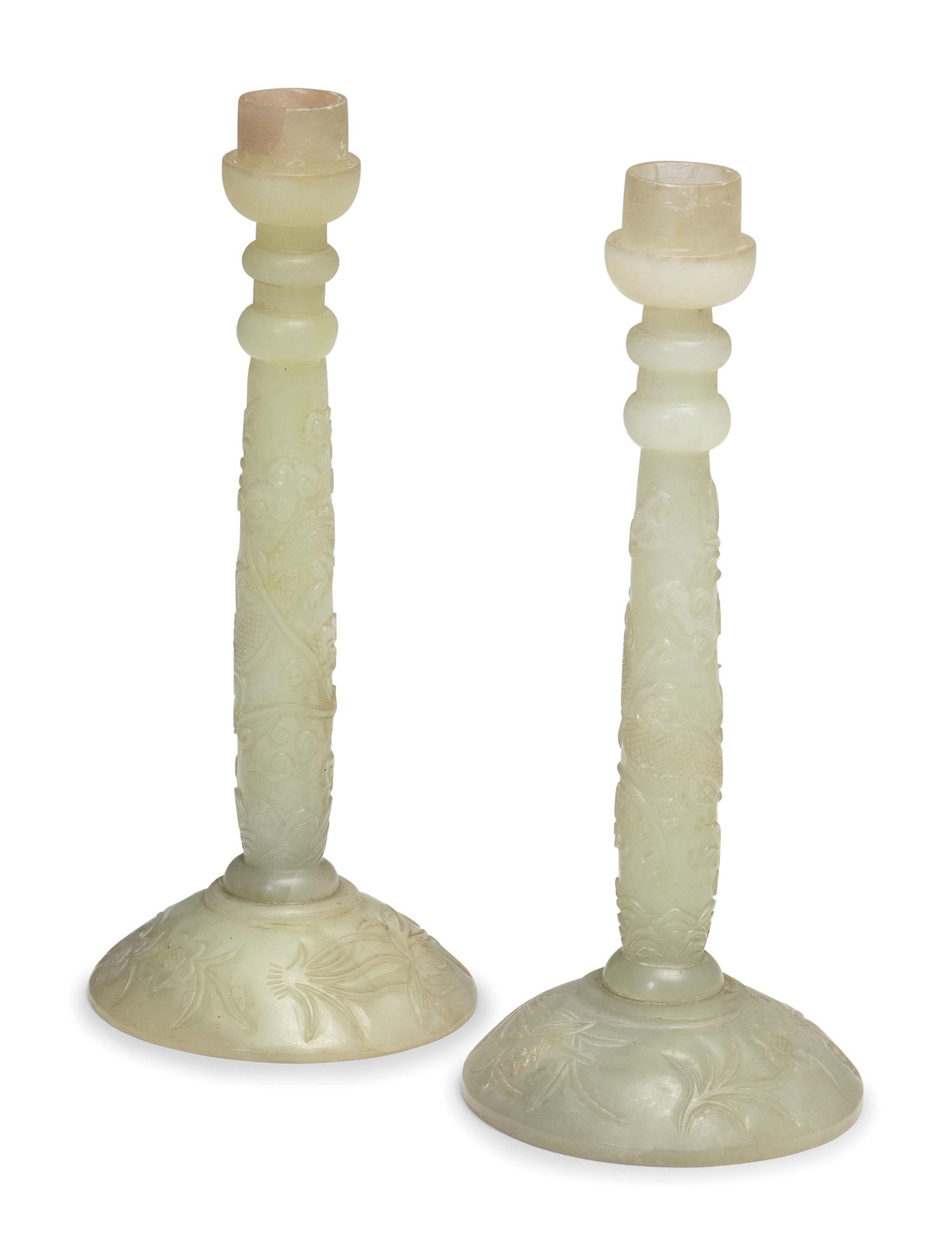 A Pair of Chinese Carved Nephrite Candlesticks