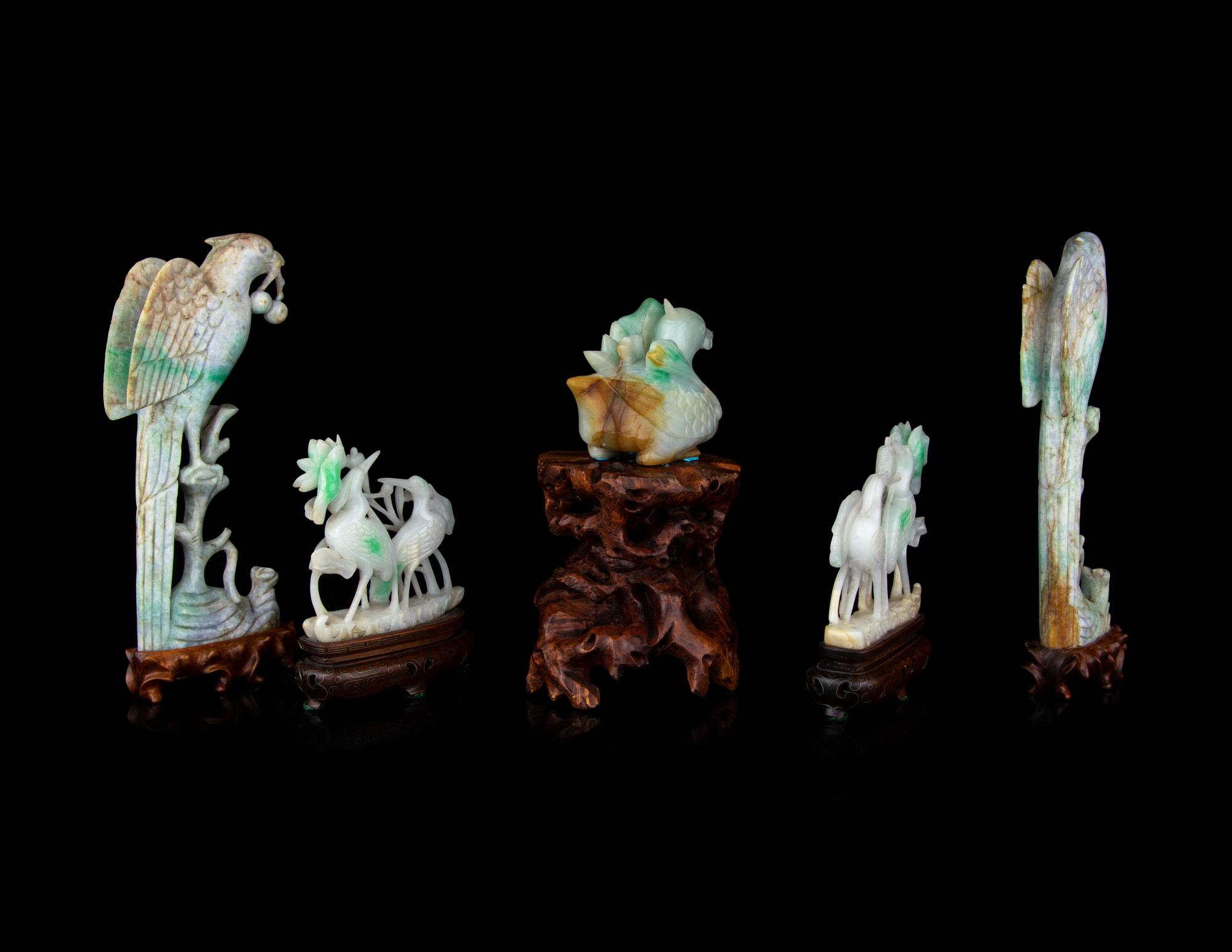 Five Chinese Jadeite Figures of Birds