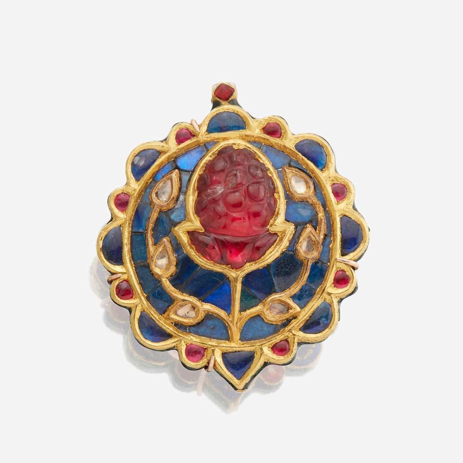 A Jaipur enamel, ruby, sapphire, diamond, and gold brooch