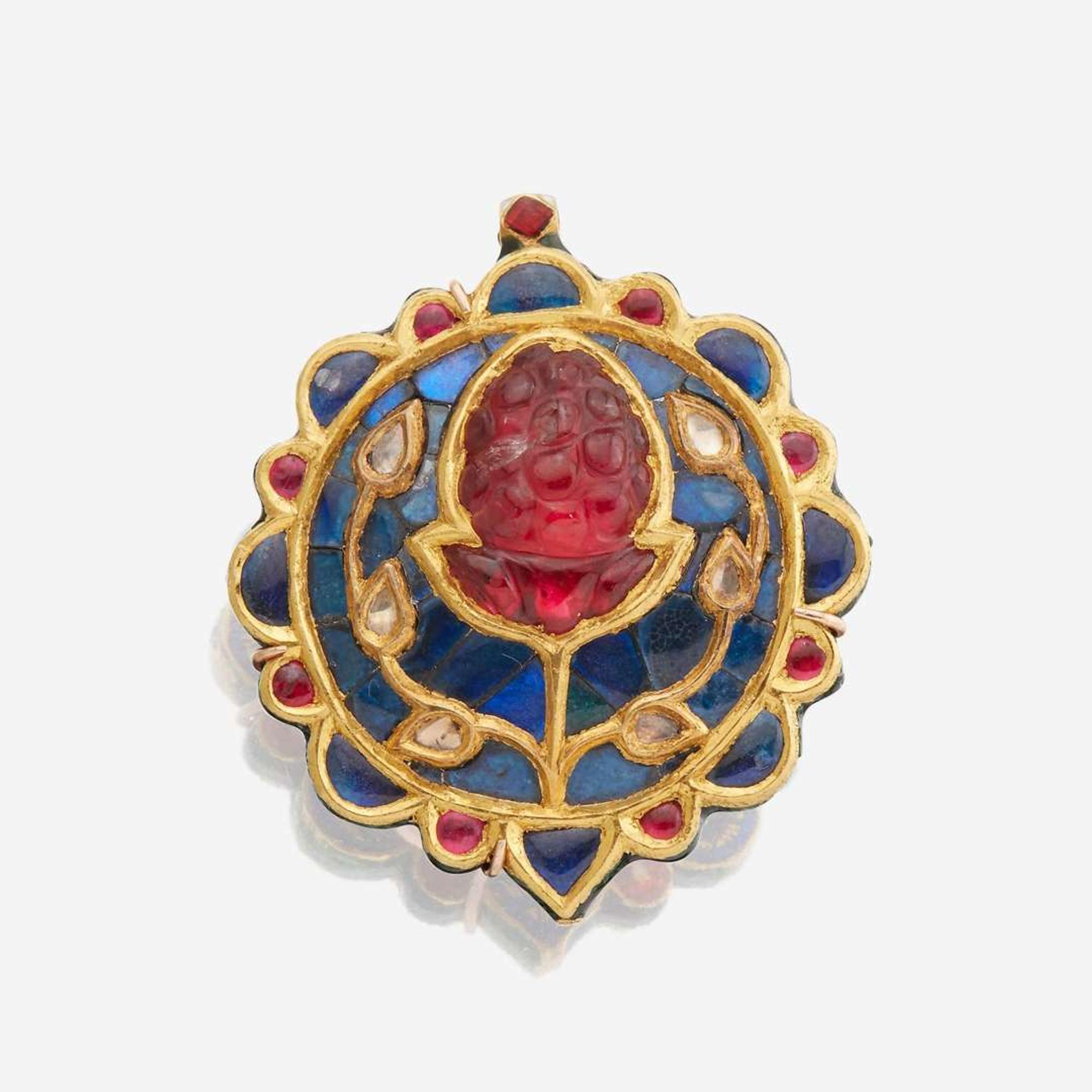 A Jaipur enamel, ruby, sapphire, diamond, and gold brooch