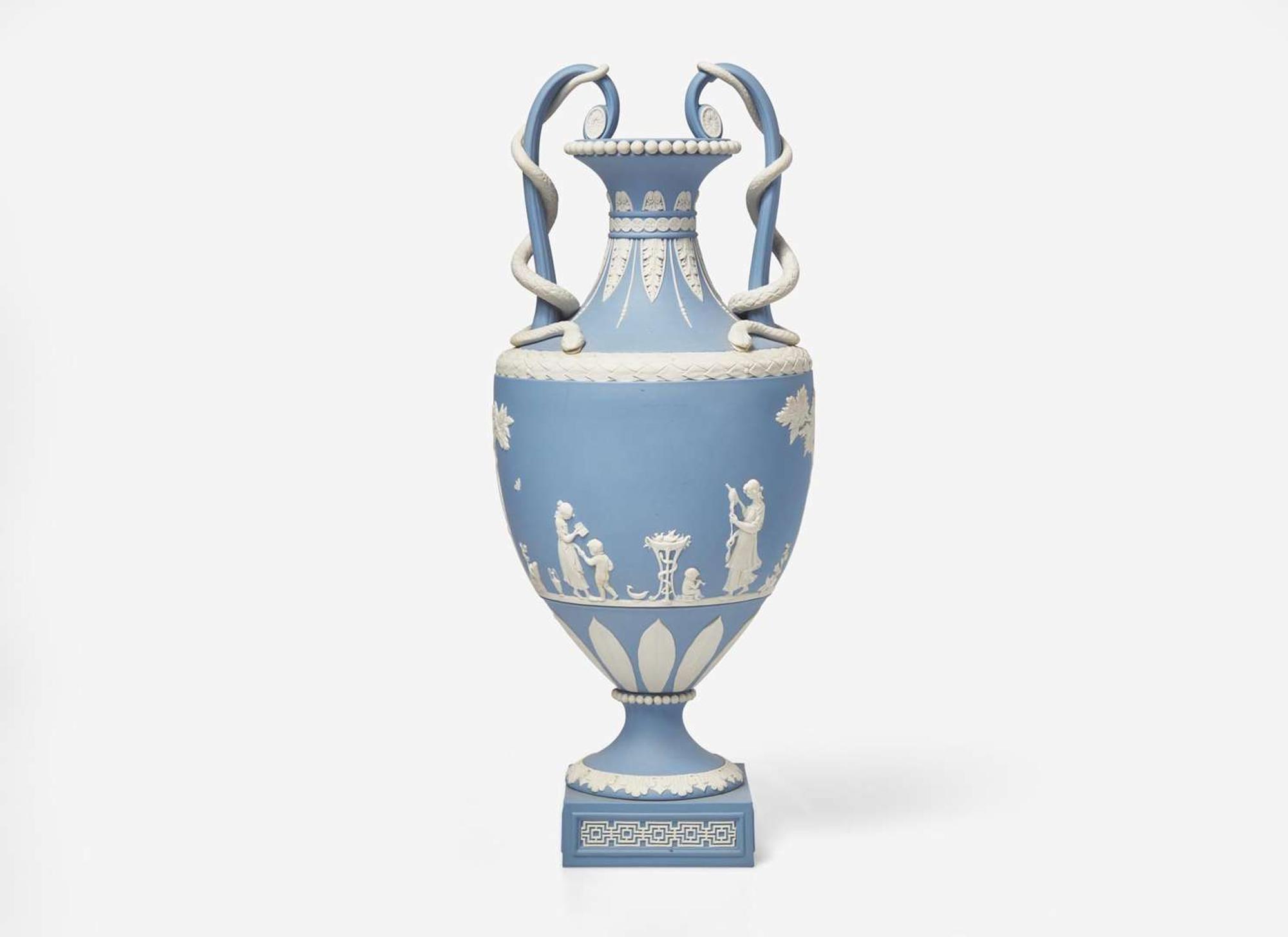 A Wedgwood Solid Blue Jasperware Snake-Handled Vase, UK, 1995