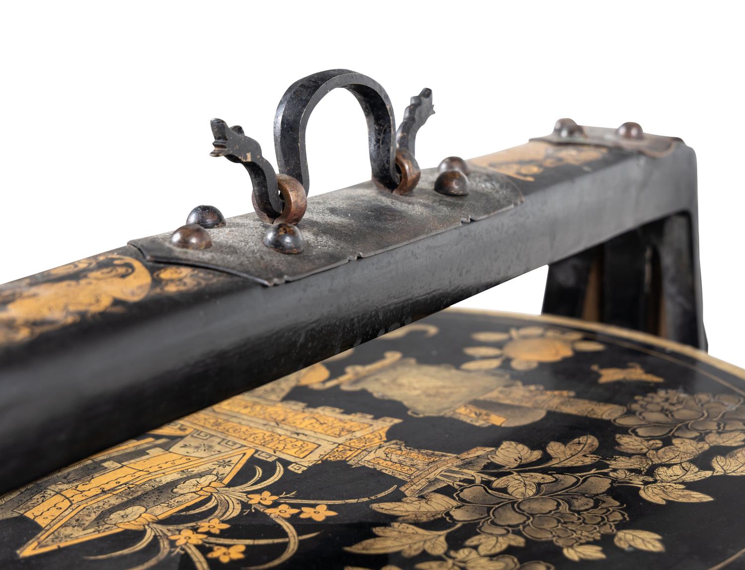 A Chinese Gilt Decorated Black Lacquered Tiered Basket