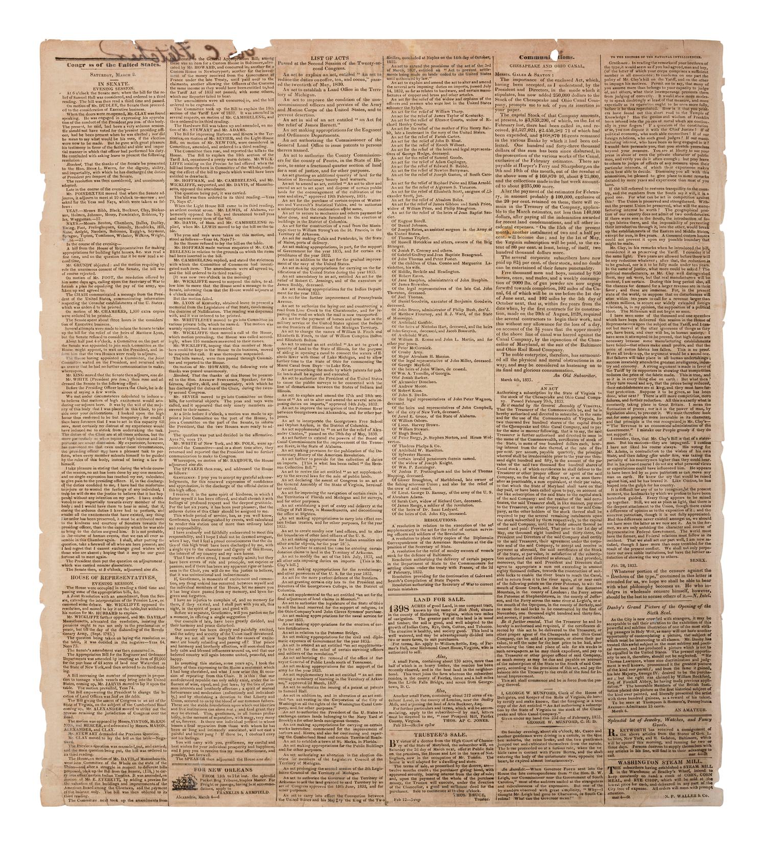[POLITICS]. National Intelligencer . Vol. XXXIV, No. 4878. Washington, DC: Gales & Seaton, 5 March 1833. Containing Andrew Jackson's inaugural address.