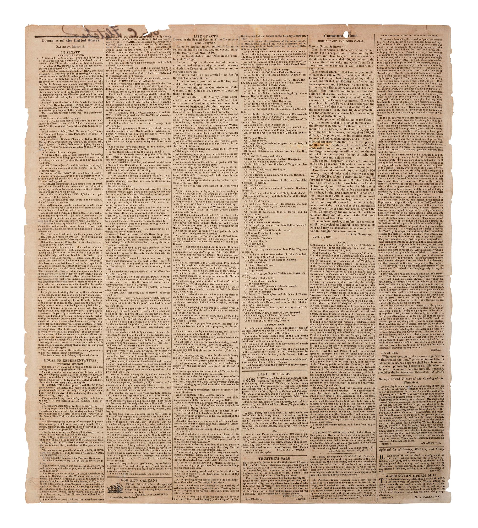 [POLITICS]. National Intelligencer . Vol. XXXIV, No. 4878. Washington, DC: Gales & Seaton, 5 March 1833. Containing Andrew Jackson's inaugural address.