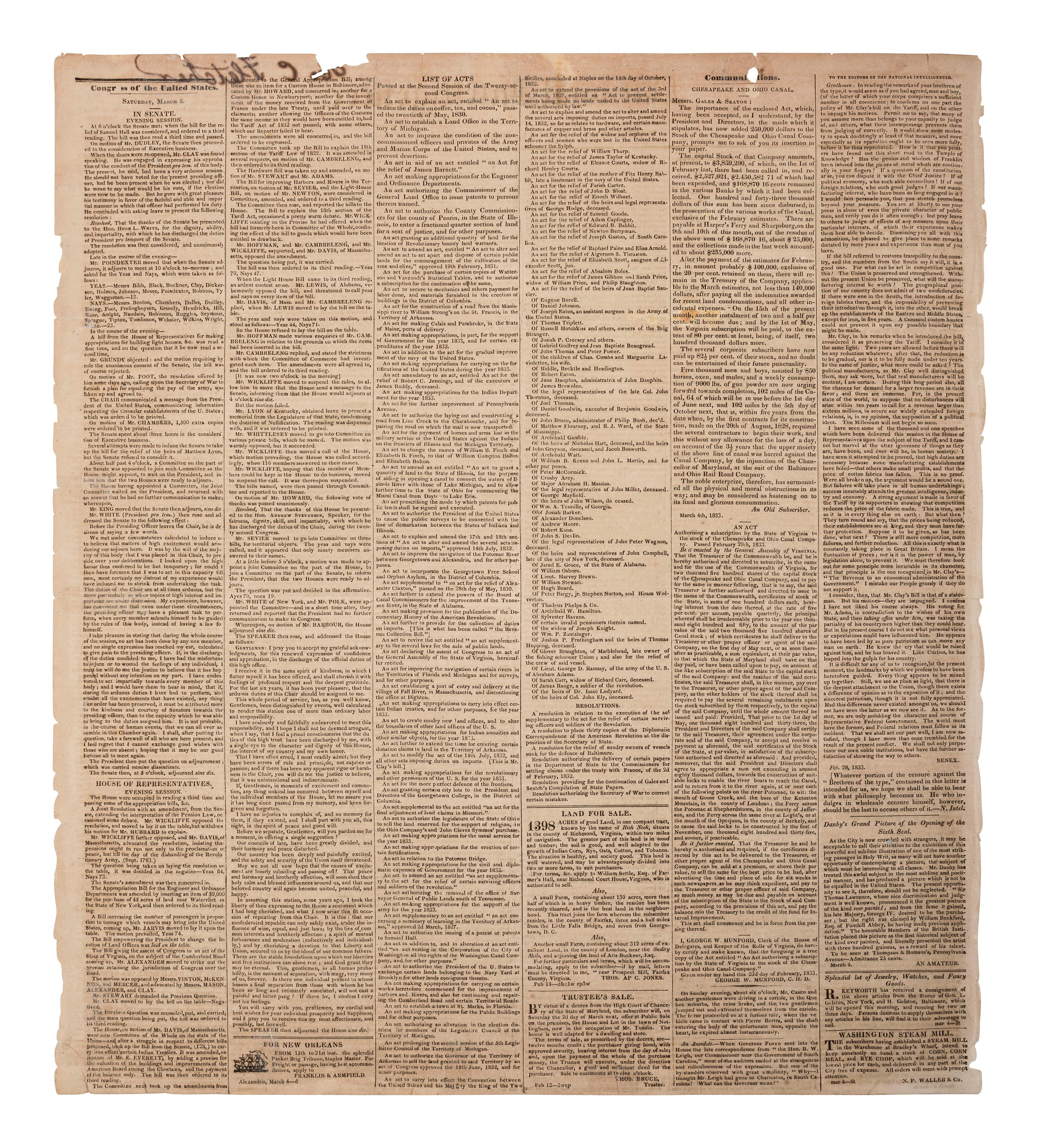 [POLITICS]. National Intelligencer . Vol. XXXIV, No. 4878. Washington, DC: Gales & Seaton, 5 March 1833. Containing Andrew Jackson's inaugural address.