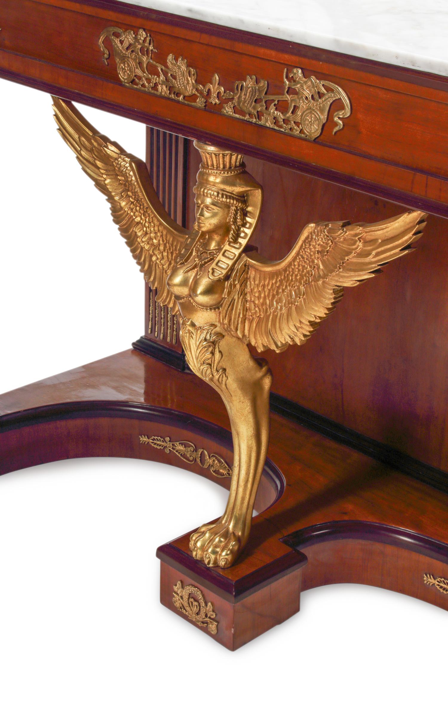 A Pair of Empire Style Gilt-Bronze Mounted Mahogany Marble-Top Console Tables