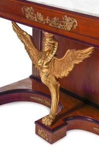 A Pair of Empire Style Gilt-Bronze Mounted Mahogany Marble-Top Console Tables