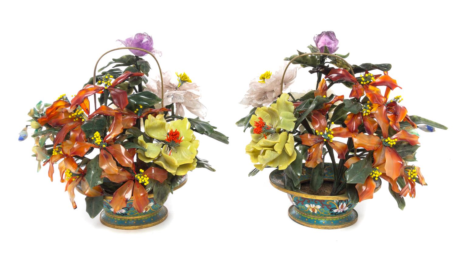 A Pair of Chinese Hardstone Floral Arrangements Height 12 inches. — 20TH CENTURY