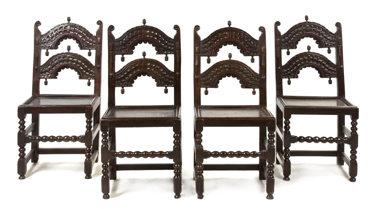An Assembled Set of Four Renaissance Revival Side Chairs, Height 39 1/2 inches.