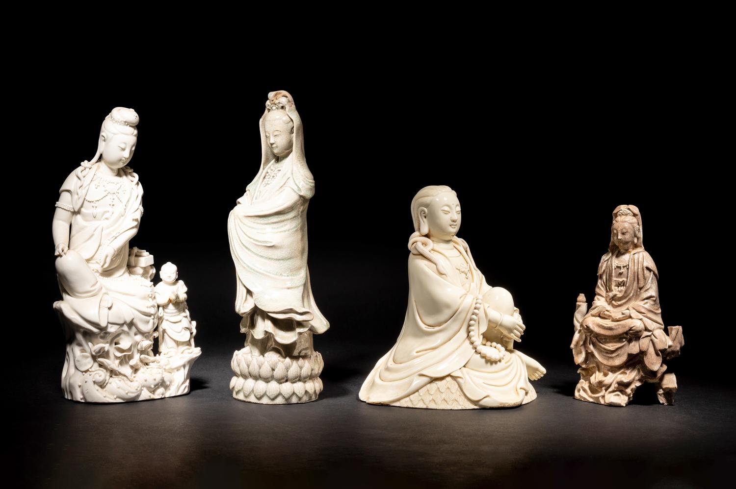Four Chinese Blanc-de-Chine Porcelain Figures of Guanyin