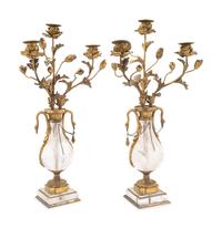 A Pair of French Gilt Bronze-Mounted Rock Crystal Three-Light Candelabra