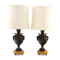 A Pair of French Cast Metal and Marble Lamps