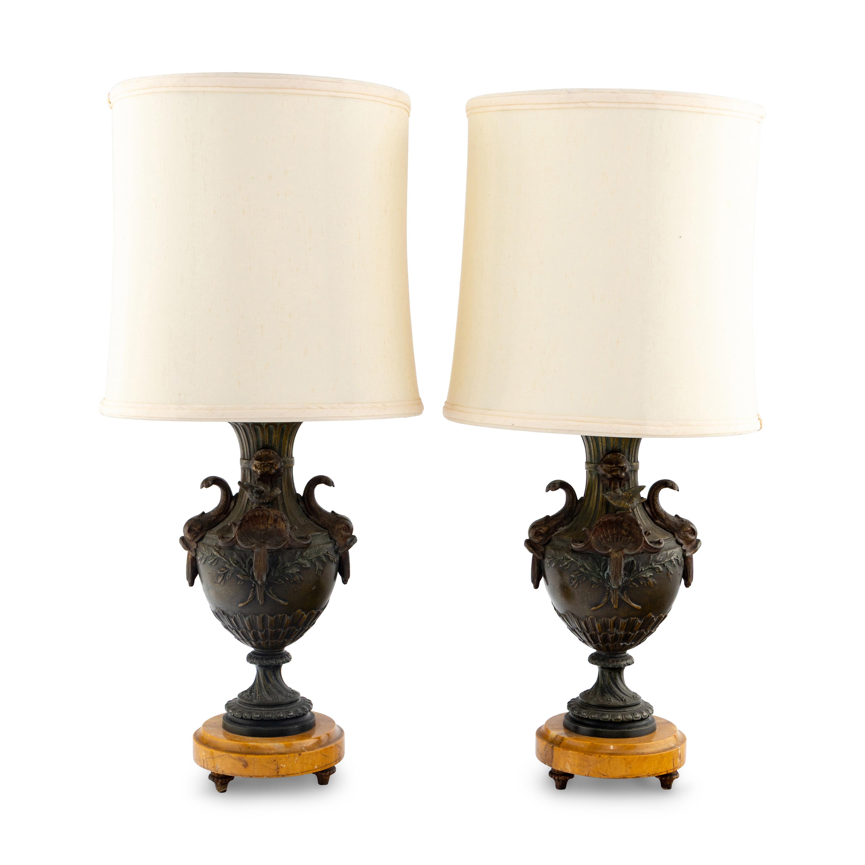 A Pair of French Cast Metal and Marble Lamps