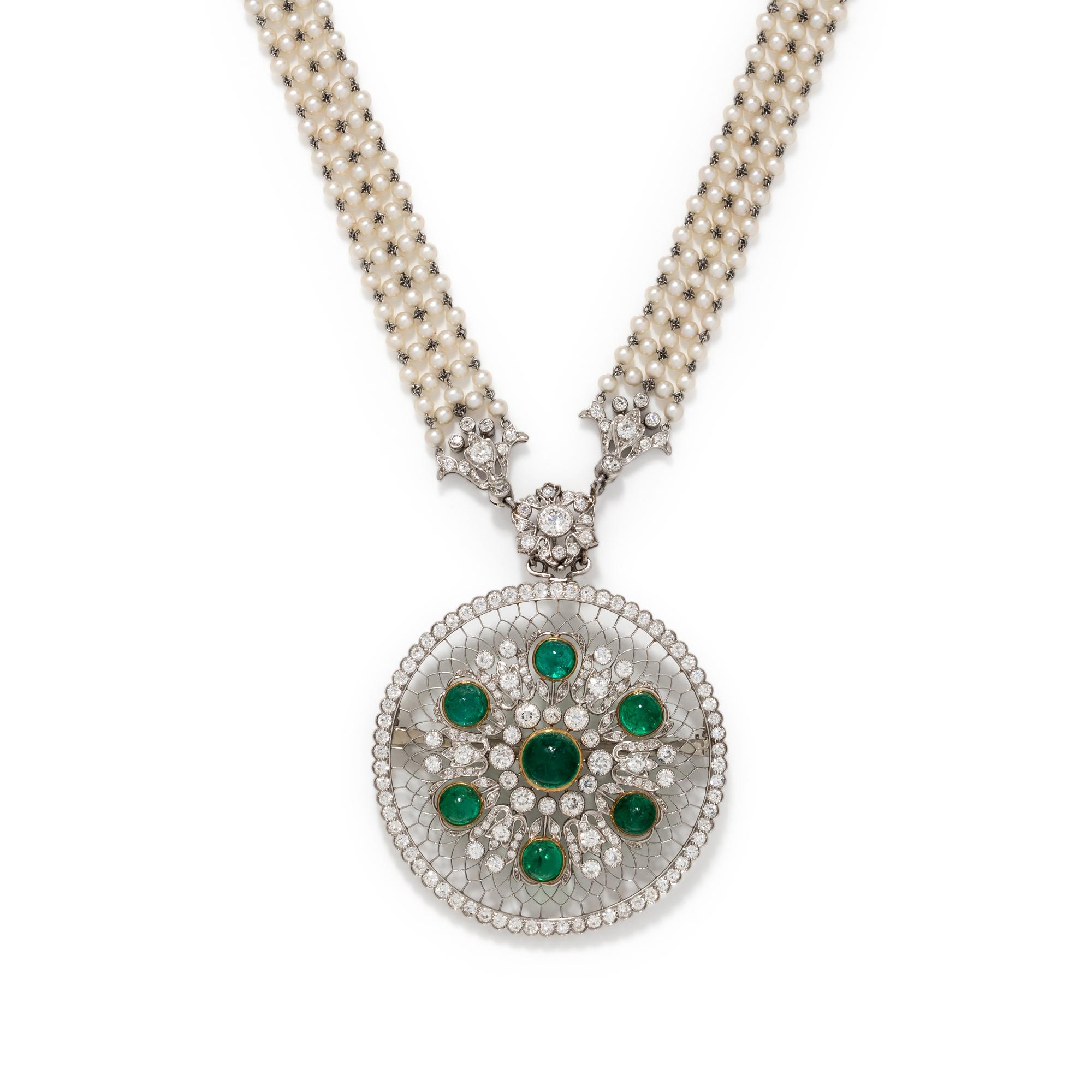 EDWARDIAN, EMERALD, DIAMOND AND SEED PEARL CONVERTIBLE PENDANT/NECKLACE