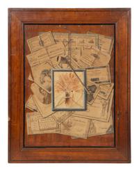 Tromp l'oeil of documents, dried herbs and a pipe hanging from a string on a nail