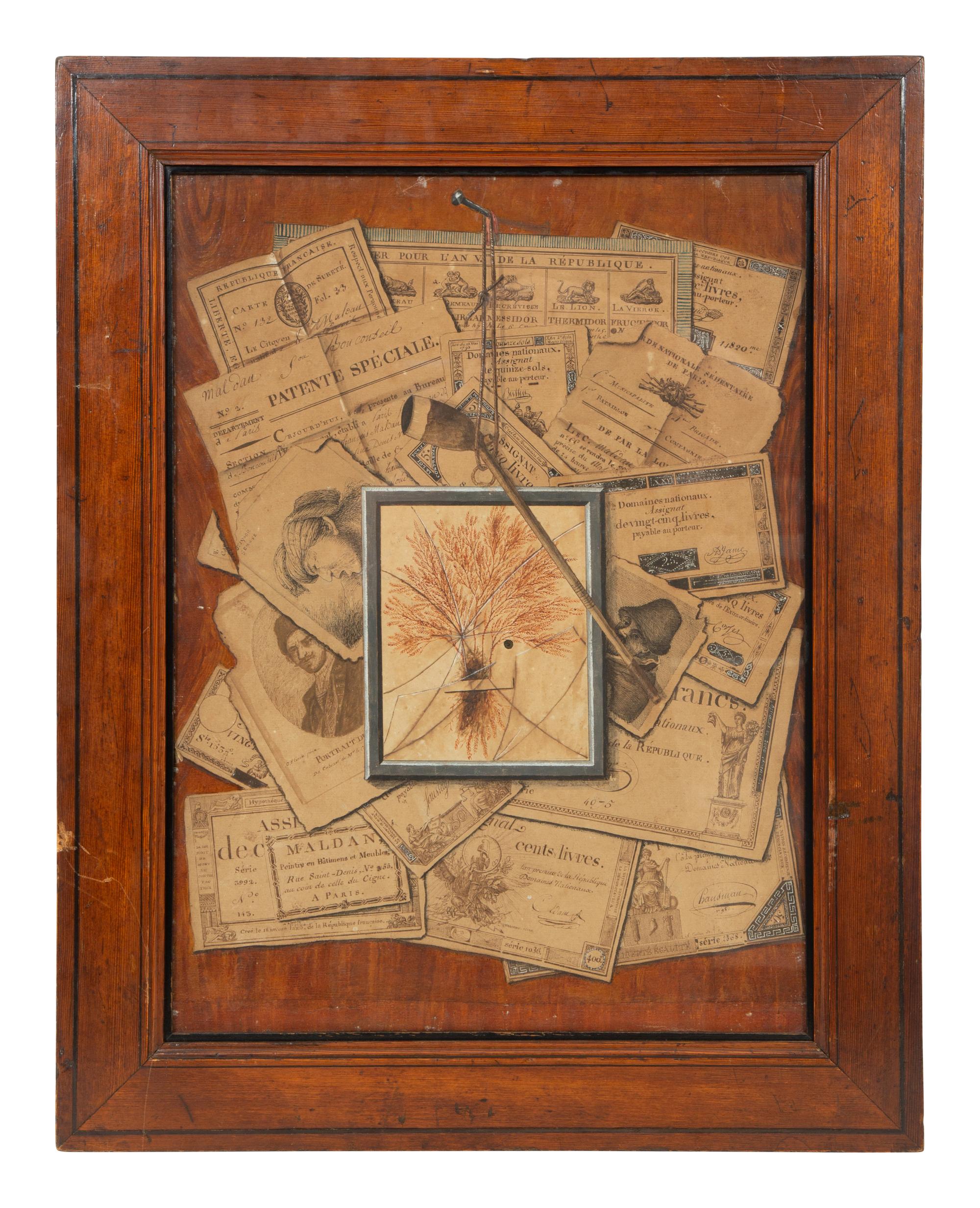 Tromp l'oeil of documents, dried herbs and a pipe hanging from a string on a nail