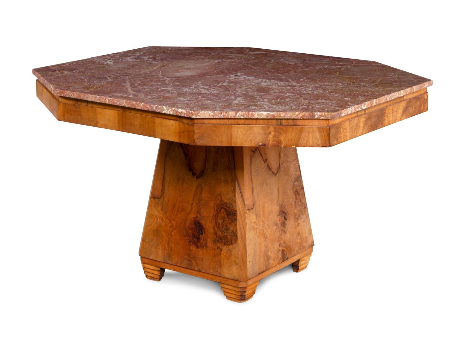 An Art Deco Walnut and Marble-Top Breakfast Table