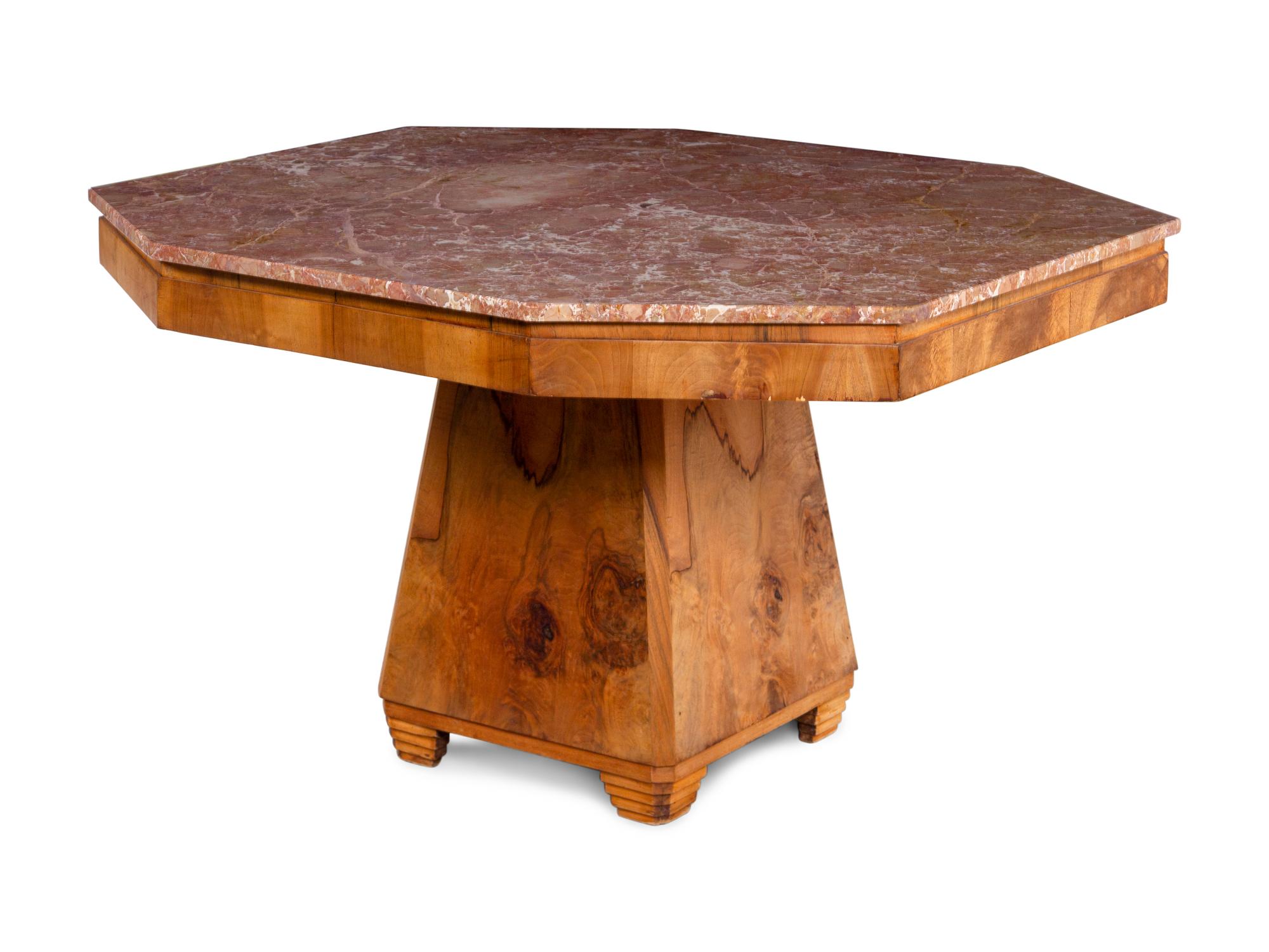 An Art Deco Walnut and Marble-Top Breakfast Table