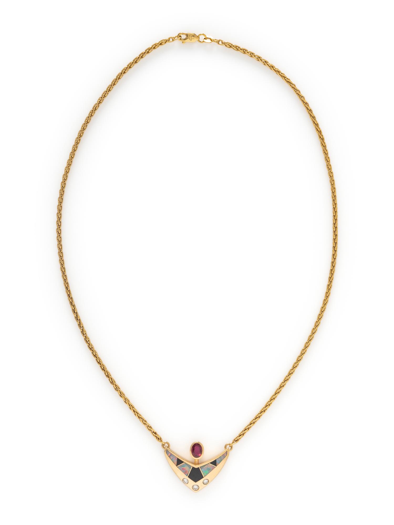RUBY, OPAL, ONYX, AND DIAMOND NECKLACE