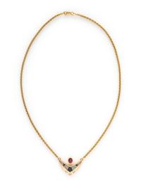 RUBY, OPAL, ONYX, AND DIAMOND NECKLACE