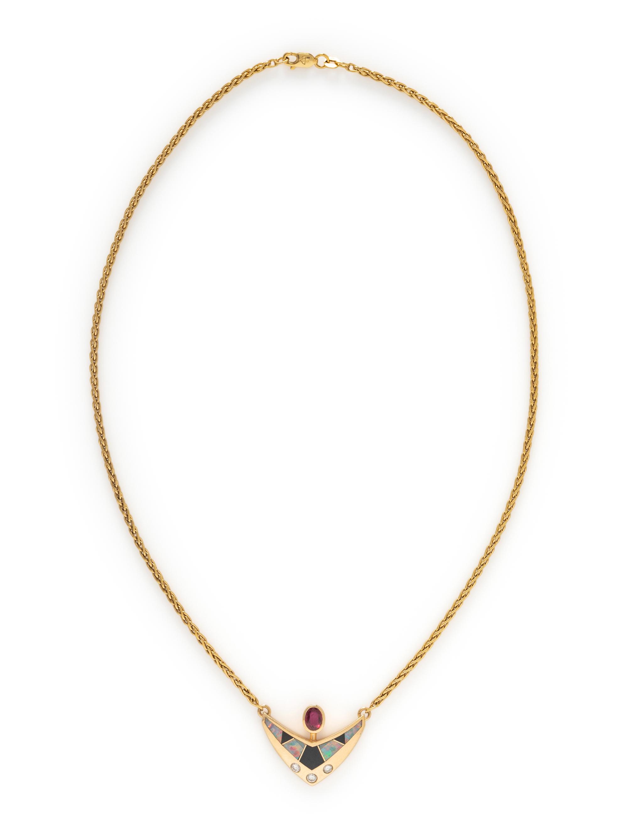 RUBY, OPAL, ONYX, AND DIAMOND NECKLACE