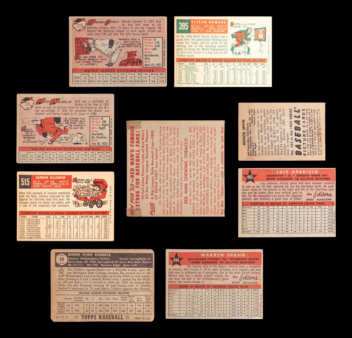 A Group of Nine 1950s Hall of Fame and Star Baseball Cards,