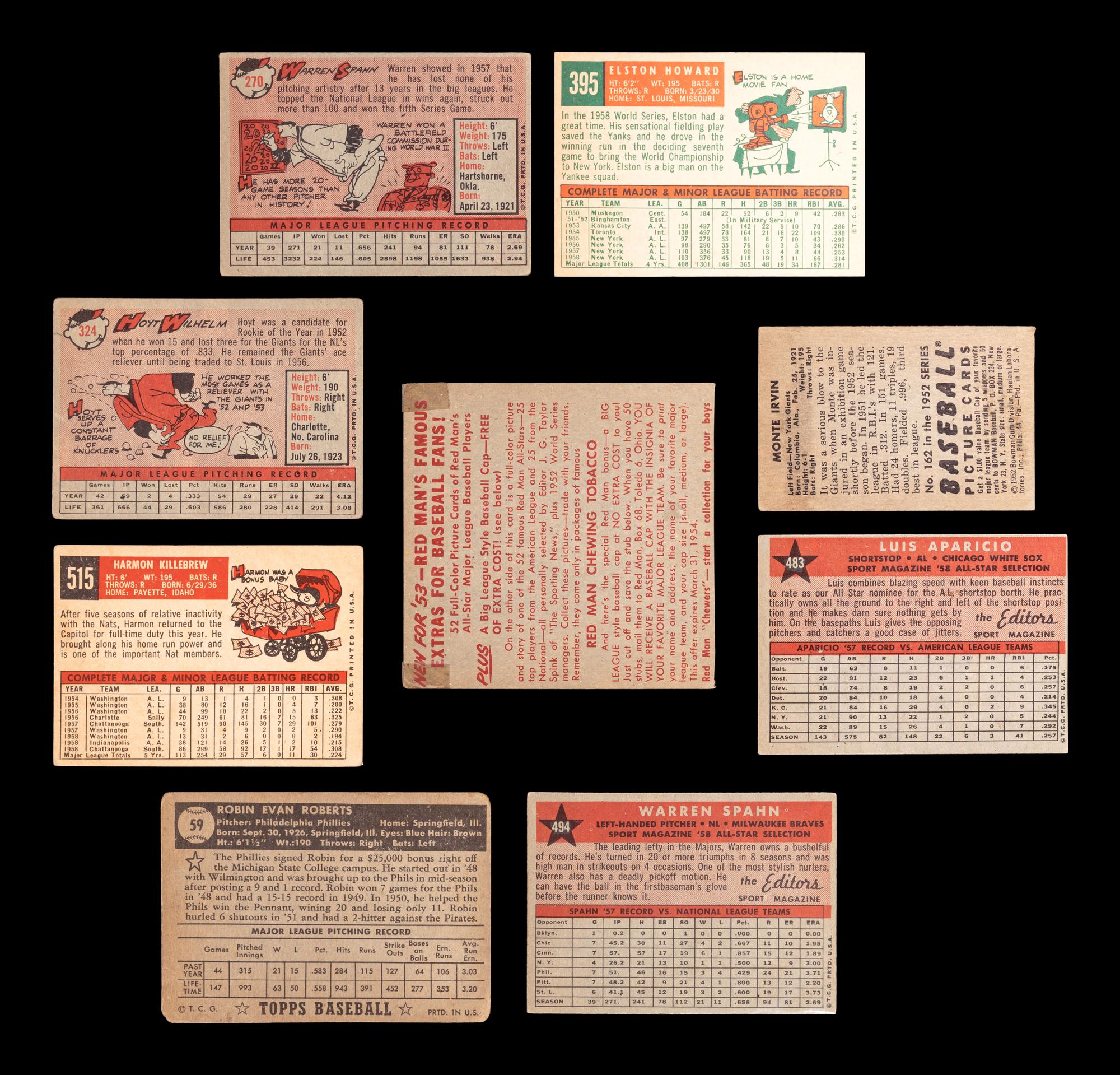 A Group of Nine 1950s Hall of Fame and Star Baseball Cards,