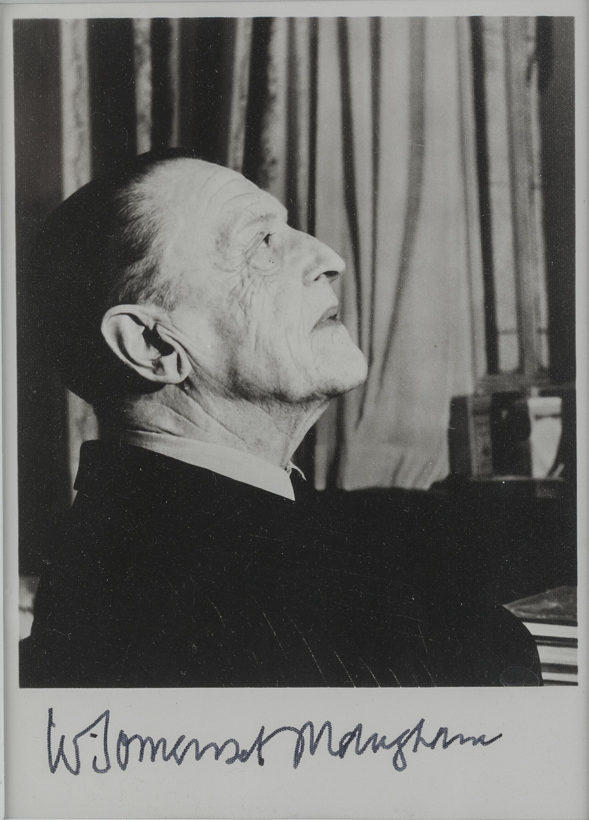 MAUGHAM, W. Somerset (1874-1965). Photographic print portrait of Maugham in profile on his 80th birthday, signed “W. Somerset Maugham” [1954]. 8vo, visible area 160 x 115, matted and framed, unexamined out of frame.