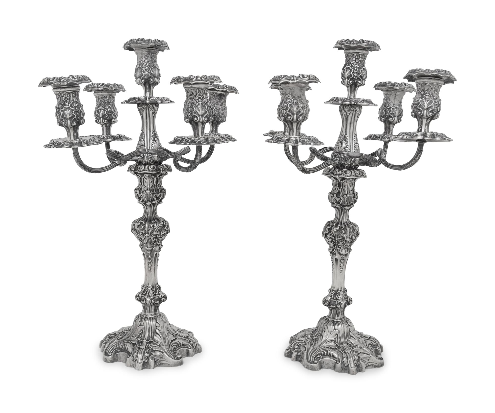 A Pair of American Silver Rococo Revival Five-Light Candelabra