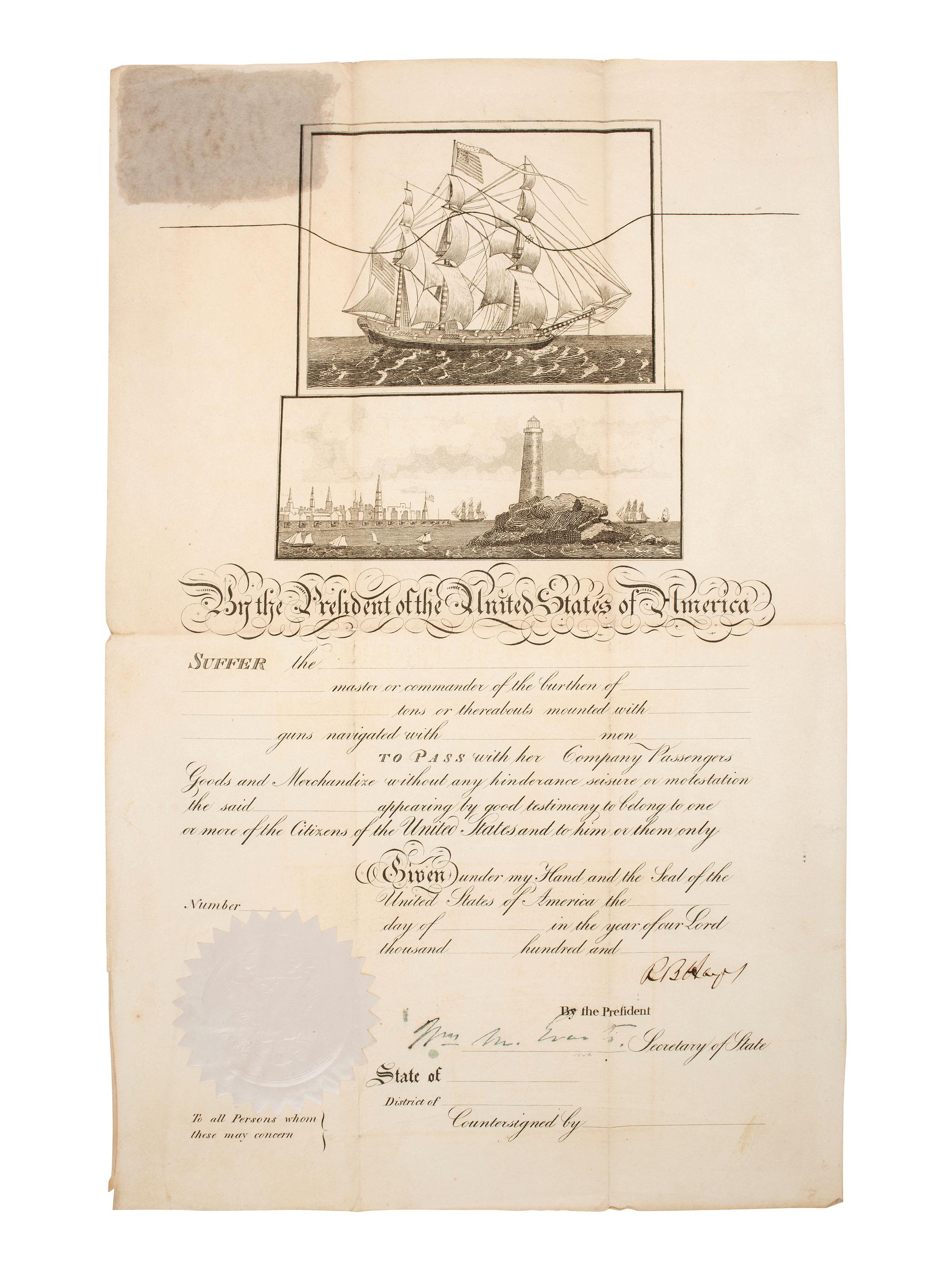 HAYES, RUTHERFORD B. (1822-1893). Unclipped and unissued ship's pass document signed ("RB Hayes") as President. N.p., n.d.