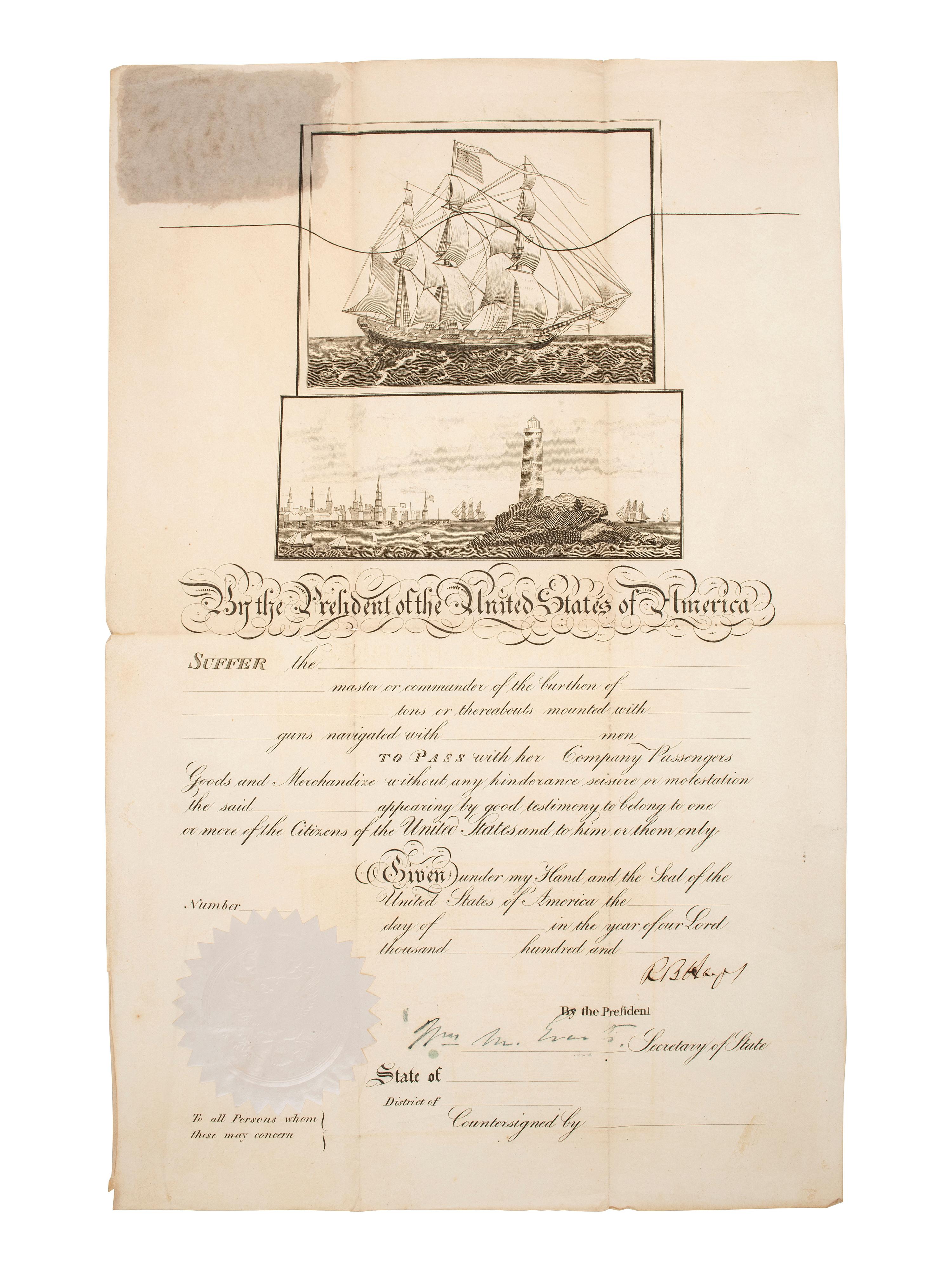 HAYES, RUTHERFORD B. (1822-1893). Unclipped and unissued ship's pass document signed ("RB Hayes") as President. N.p., n.d.