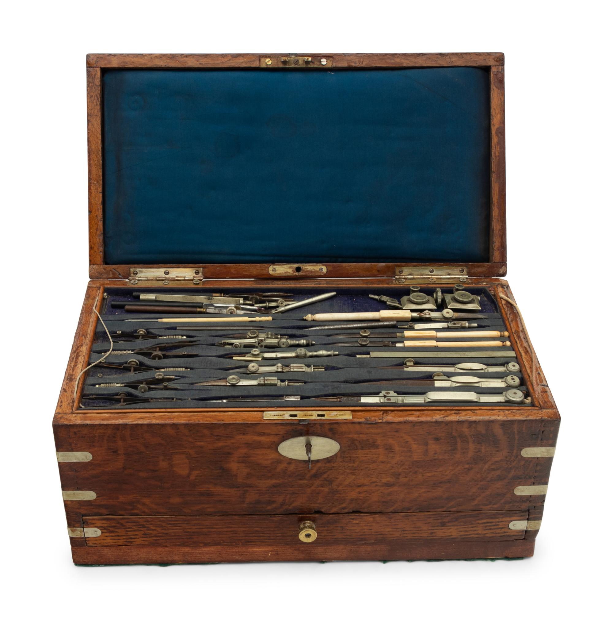 A Regency Brass Mounted Oak Cased Drawing Set