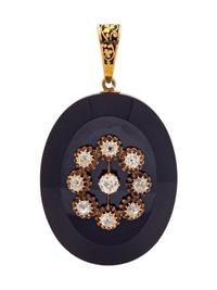 A Victorian Yellow Gold, Onyx, Diamond and Enamel Mourning Pendant,