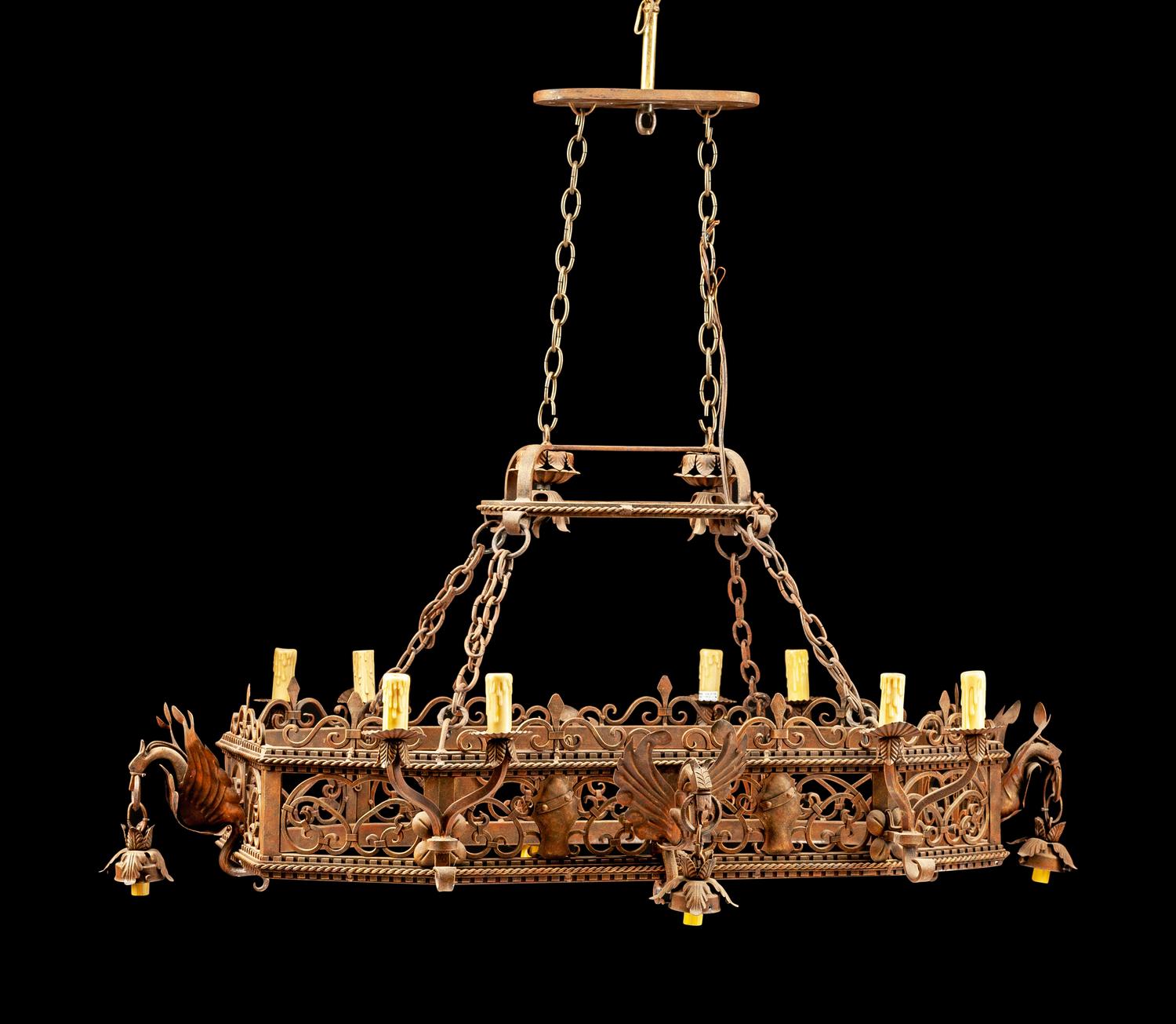 An American Wrought Iron and Tole Twelve-Light Chandelier