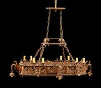 An American Wrought Iron and Tole Twelve-Light Chandelier