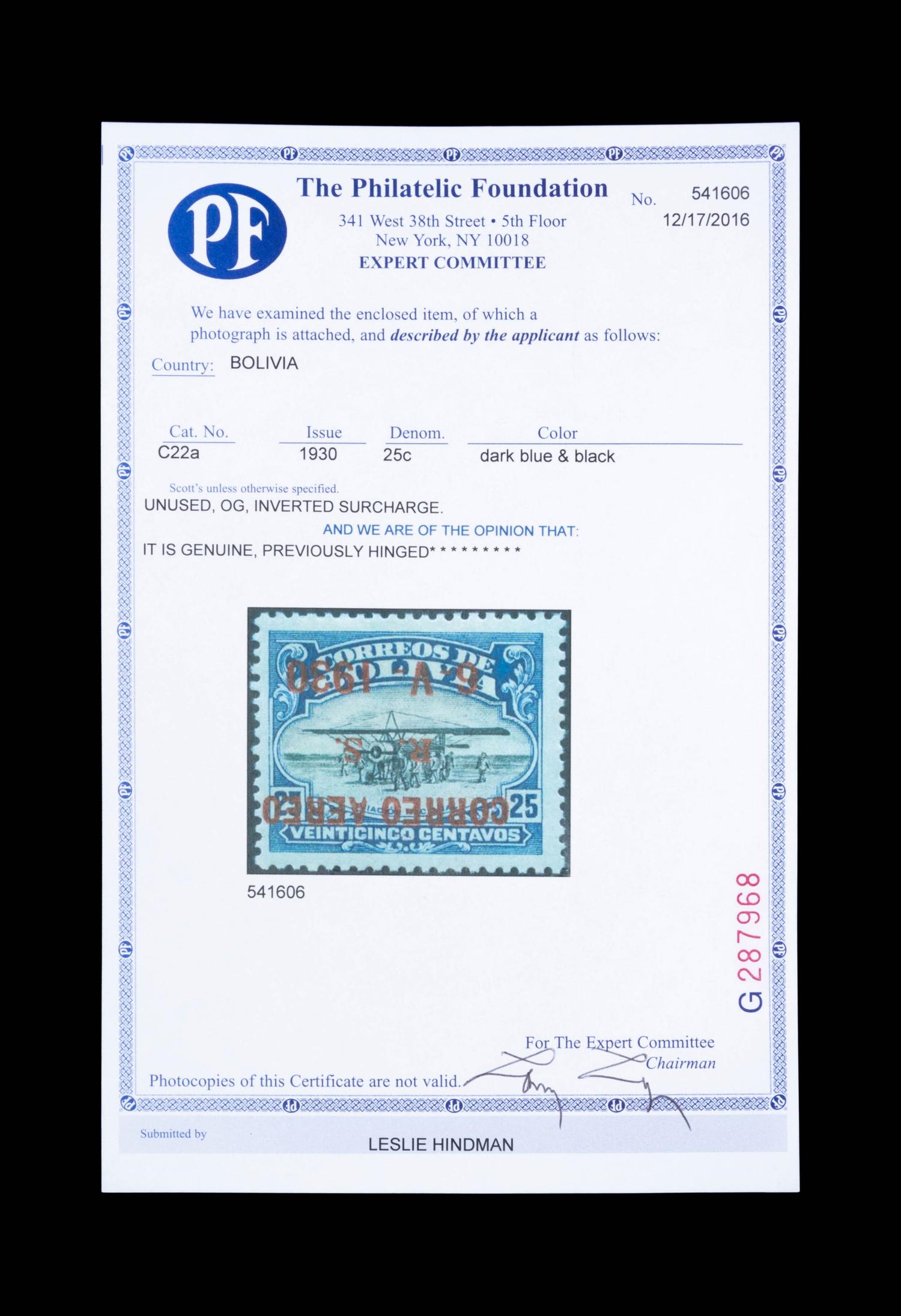 [SURCHARGE ERROR] BOLIVIA. Airmail. 1930. 25c. Dark Blue & Black with Bronze Surcharge, (#C22a), Inverted Surcharge