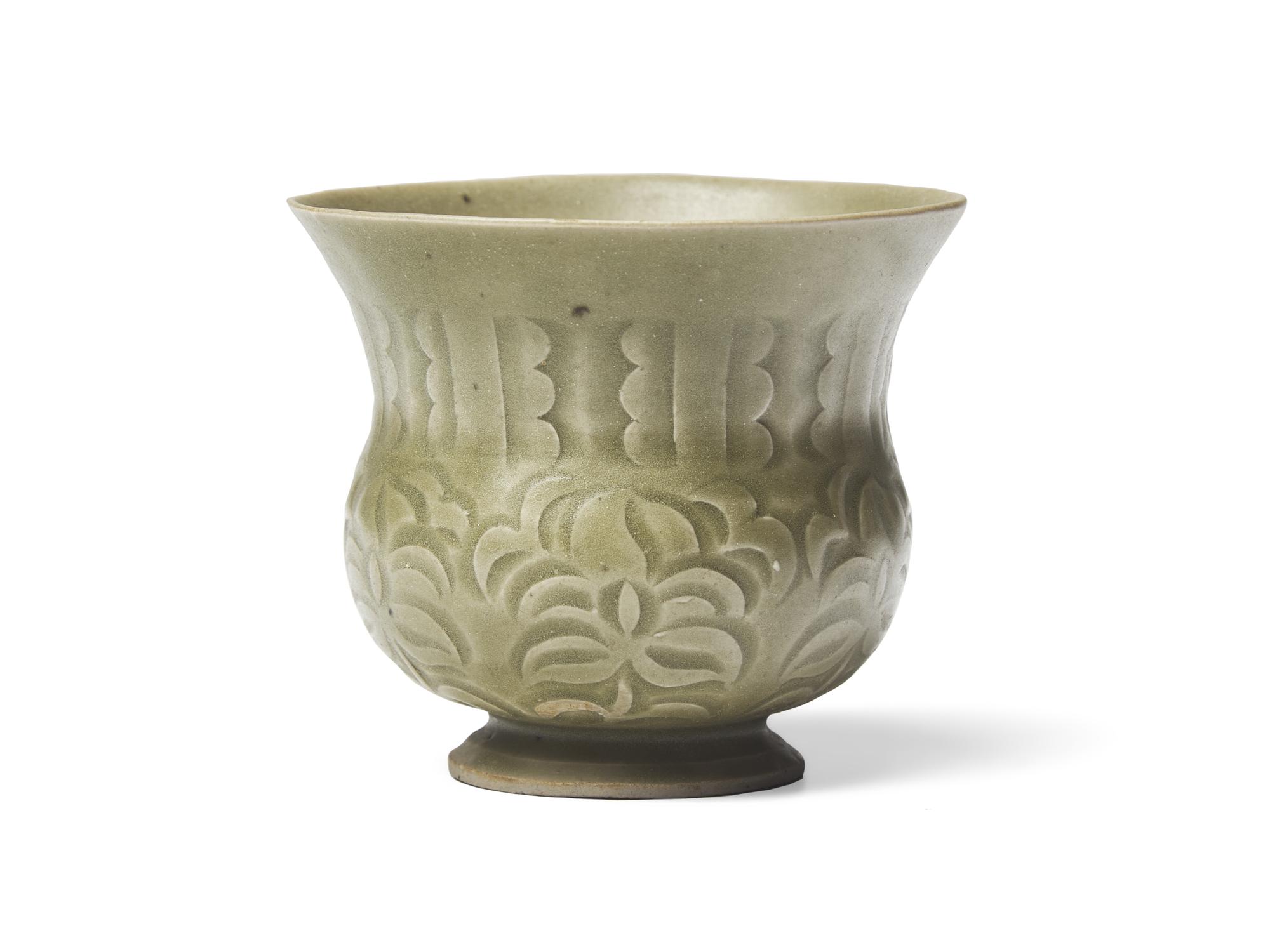 A Chinese Yaozhou Style Carved Celadon Leys Jar, Zhadou