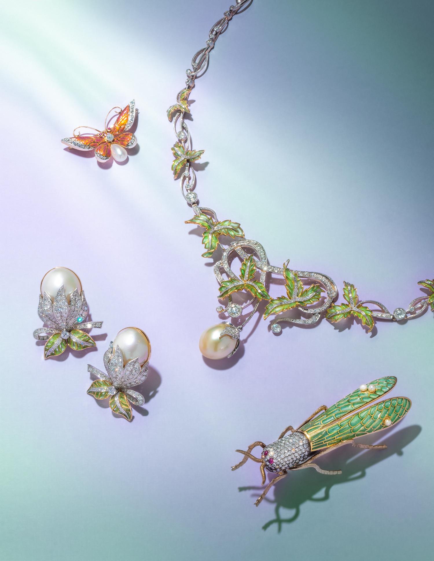 EVELYN CLOTHIER, DIAMOND, CULTURED MABE PEARL AND PLIQUE-À-JOUR ENAMEL EARCLIPS