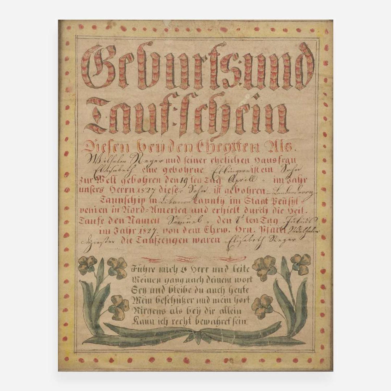Attributed to the Hummelstown Artist A Fraktur birth record for the Ringner Family, dated "1827"