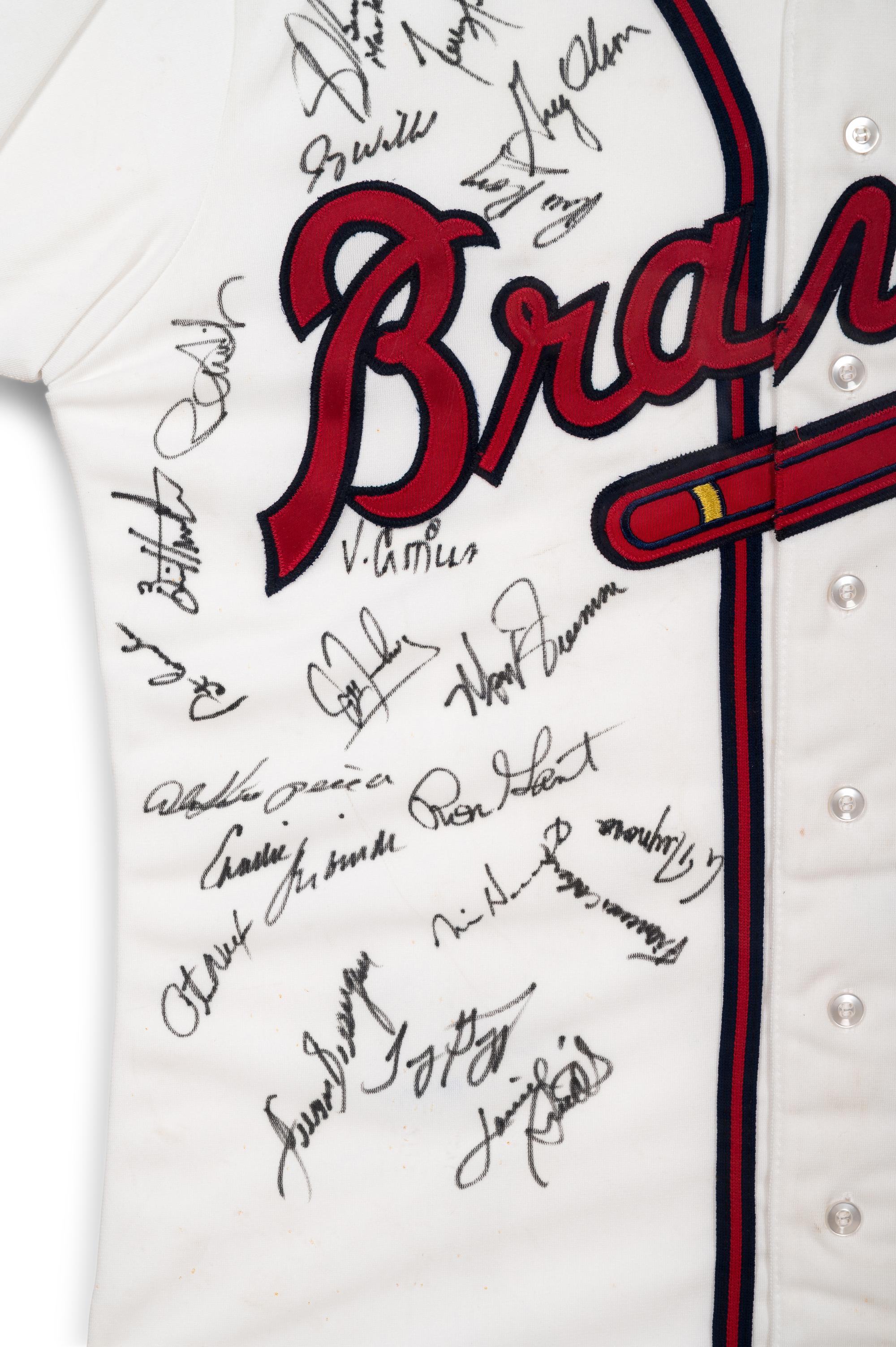 A 1991 Atlanta Braves Team Signed Autograph Pete Smith Game Issued Baseball Jersey (BAS Beckett Authentication Services Certified),