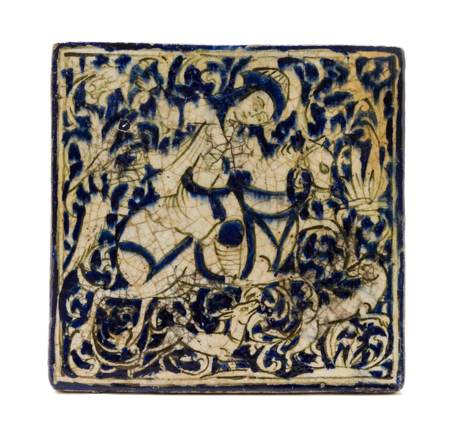 A Persian Pottery Tile, Height 10 1/2 x width 10 1/2 inches.