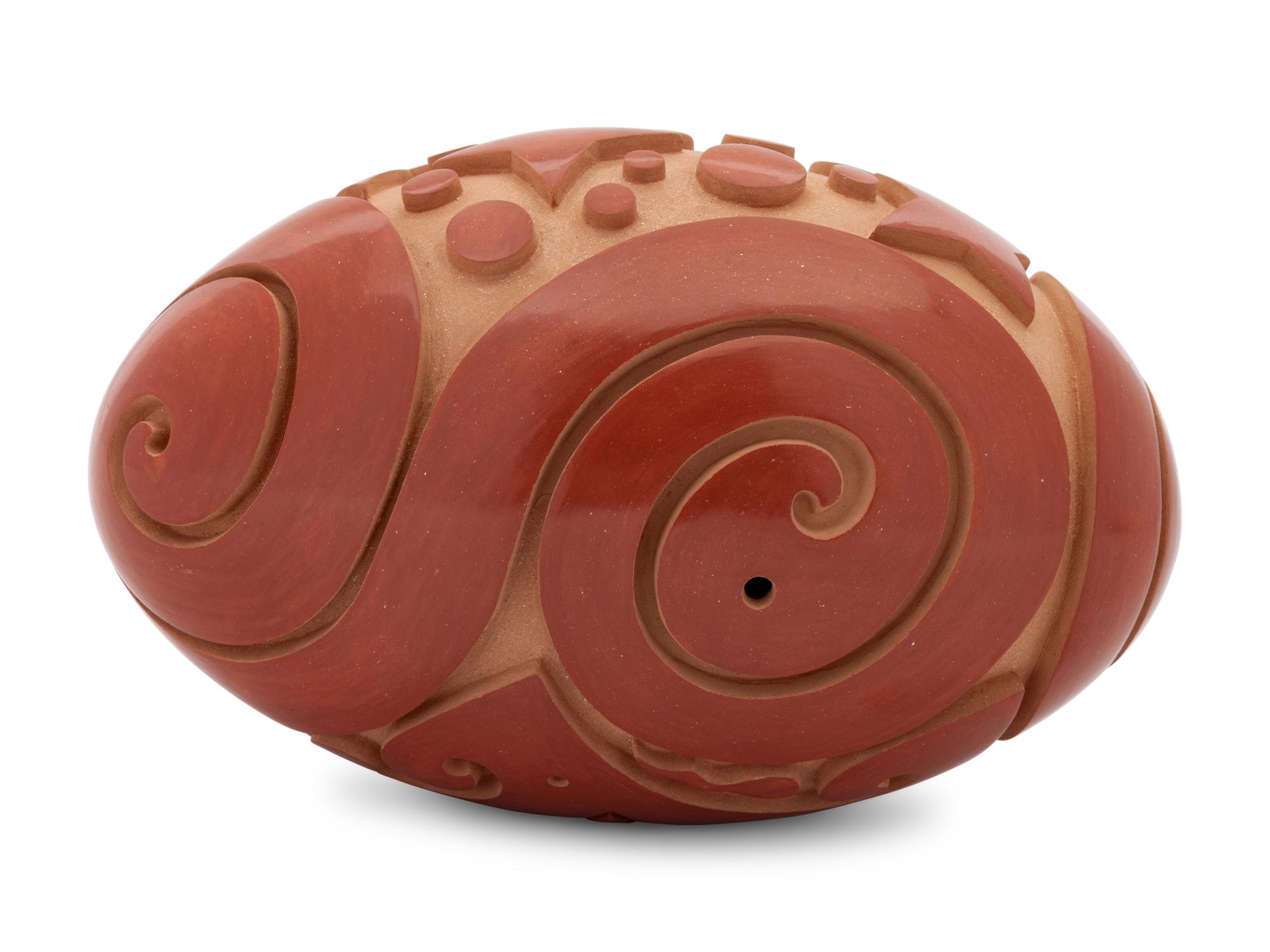 Polished and Carved Redware Pottery Vessel, with stars and swirls