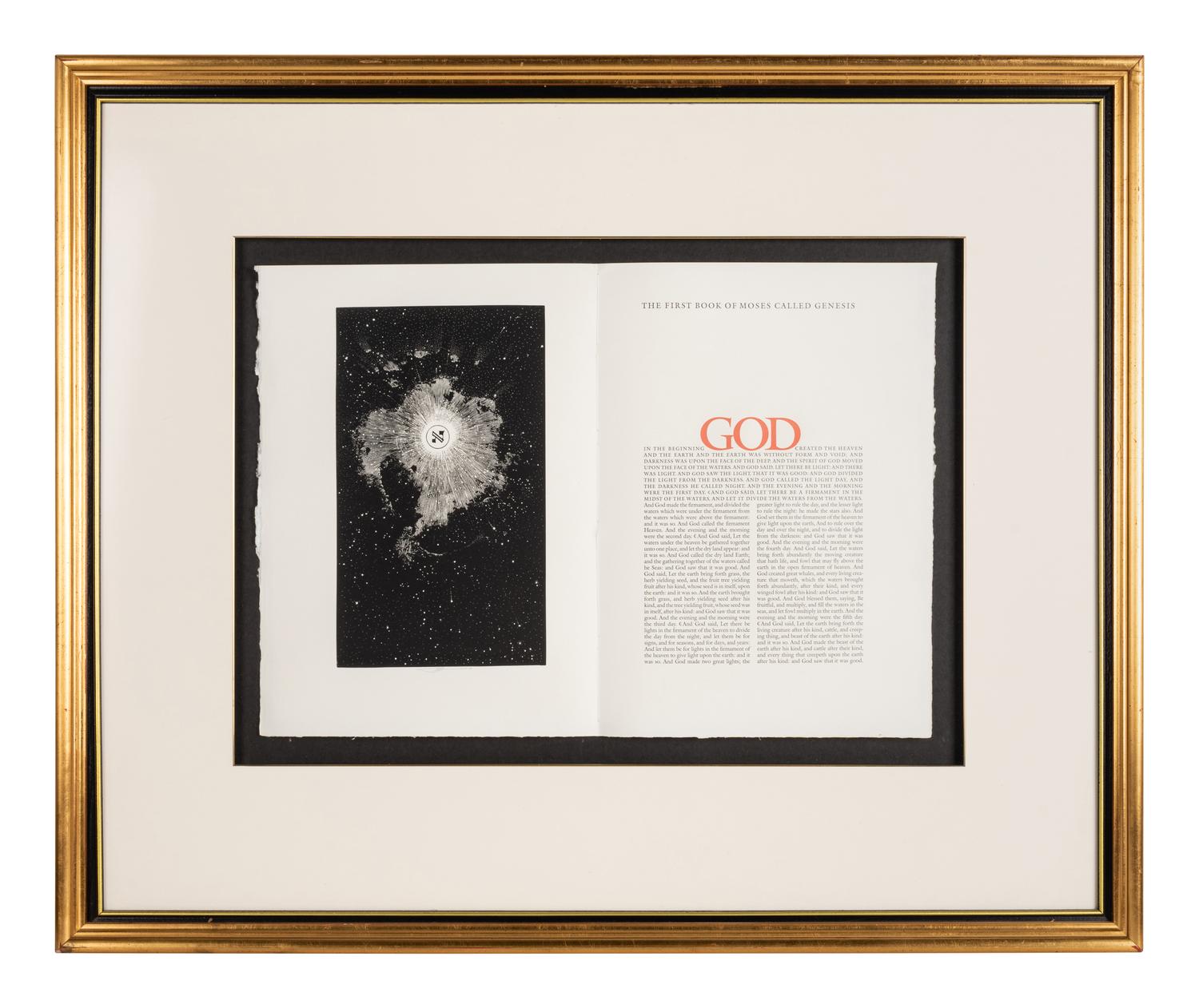 [MOSER, Barry, illustrator]. A trial proof bifolium containing the illustrated opening of Genesis beginning the the text of the Pennyroyal Caxton Bible. [North Hatfield, MA and New York City: Pennyroyal Caxton Press, 1999].