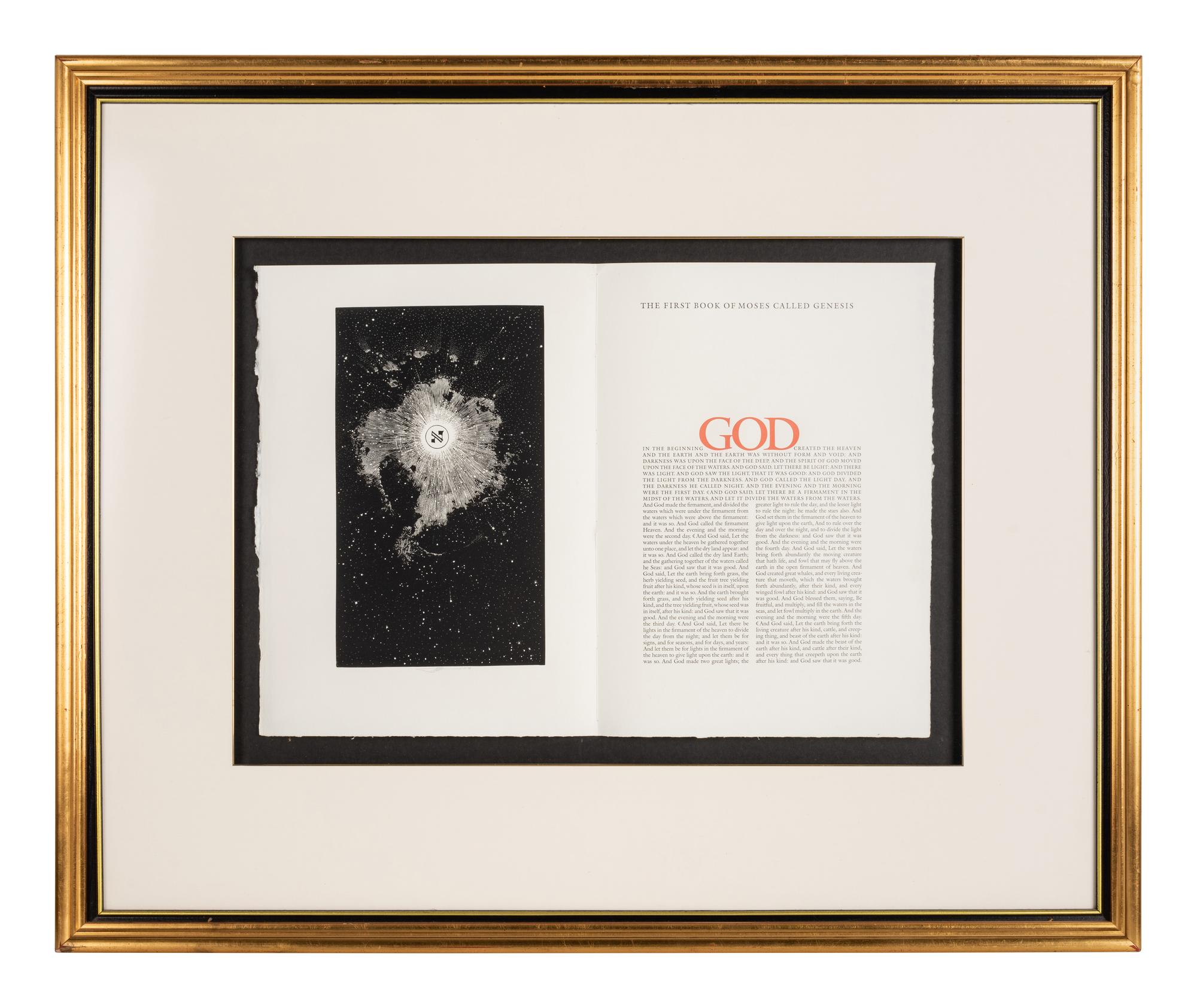 [MOSER, Barry, illustrator]. A trial proof bifolium containing the illustrated opening of Genesis beginning the the text of the Pennyroyal Caxton Bible. [North Hatfield, MA and New York City: Pennyroyal Caxton Press, 1999].
