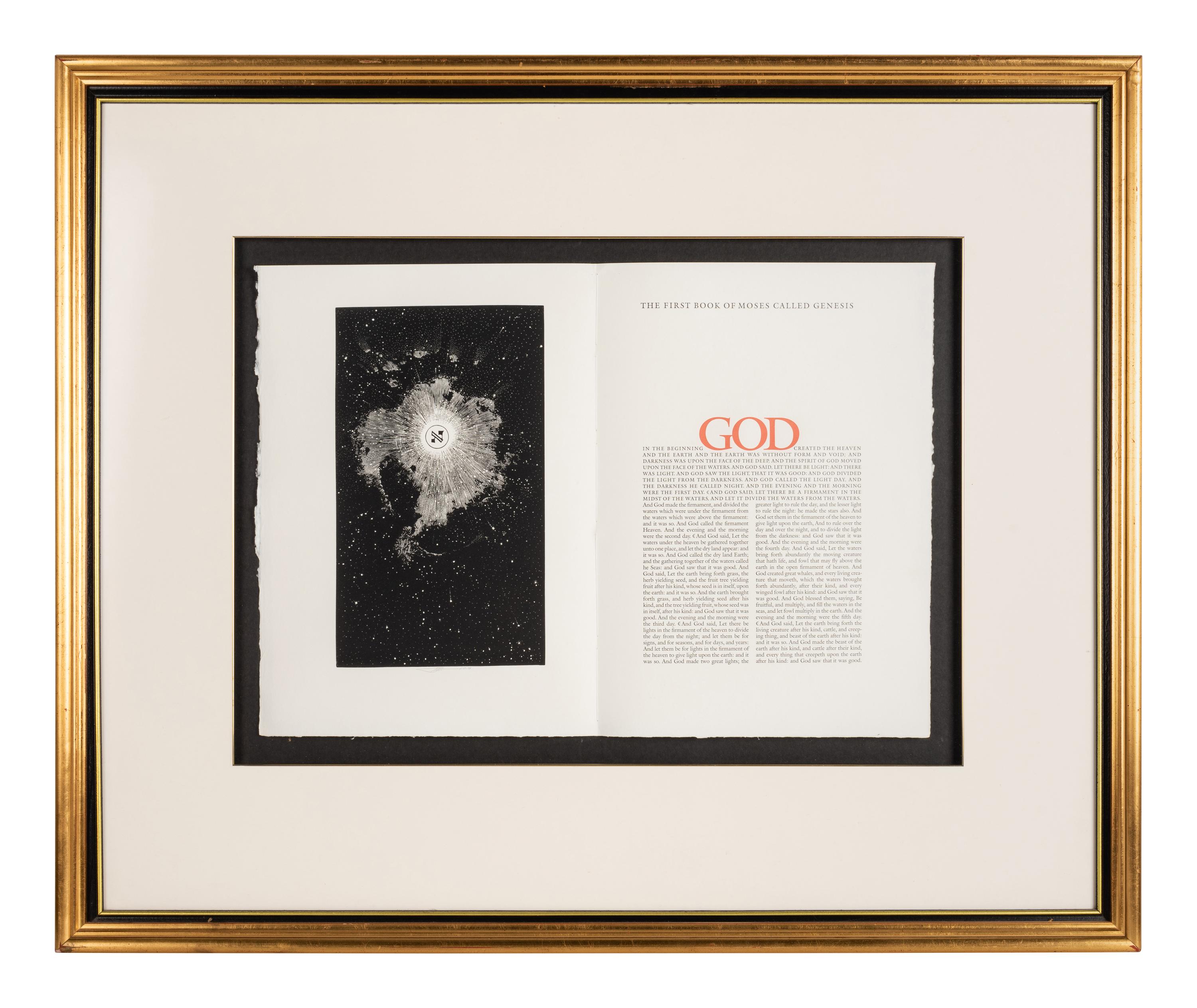 [MOSER, Barry, illustrator]. A trial proof bifolium containing the illustrated opening of Genesis beginning the the text of the Pennyroyal Caxton Bible. [North Hatfield, MA and New York City: Pennyroyal Caxton Press, 1999].