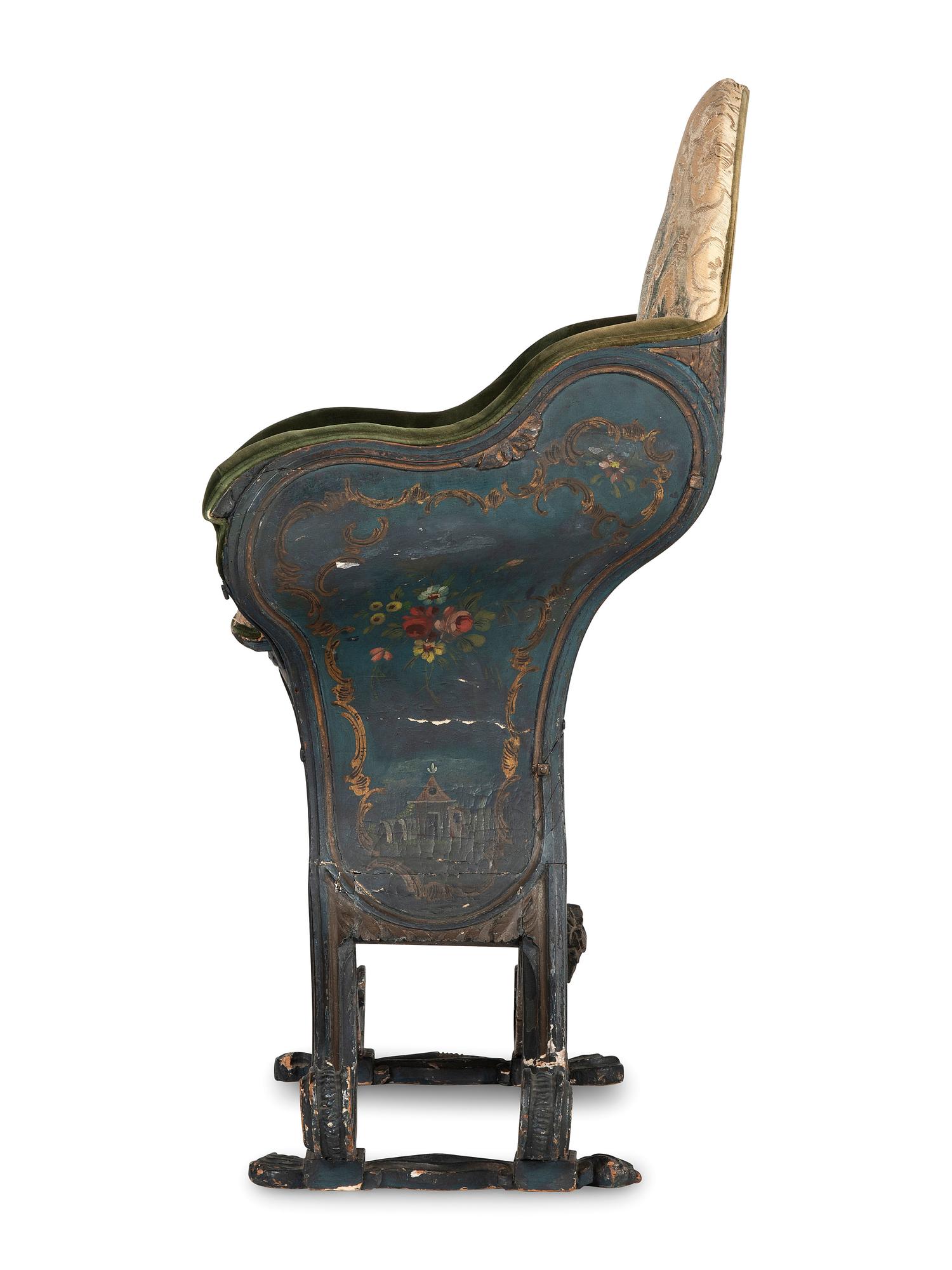A Venetian Blue and Polychrome Decorated Parcel Gilt and Carved Wood Gondola Chair