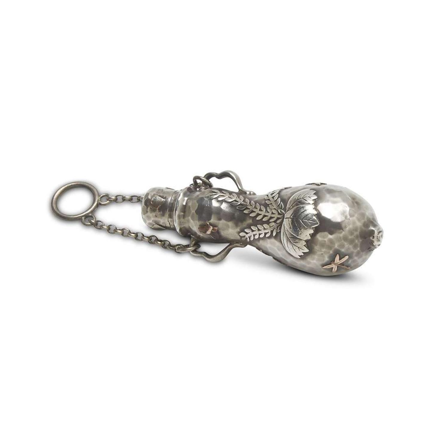 Aesthetic Movement sterling silver and mixed metal gourd-form scent bottle in the Japanesque manner Tiffany & Co., New York, NY, late 19th century