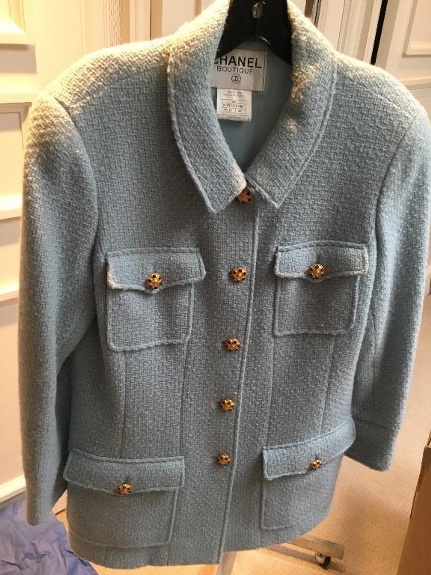 A Chanel Baby Blue Boucle Jacket, Size 44.