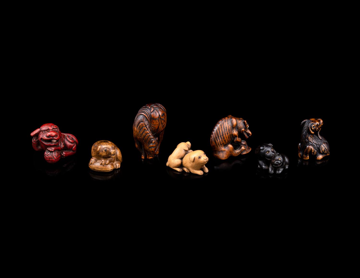 Seven Japanese Carved Wood Animal-Form Netsuke