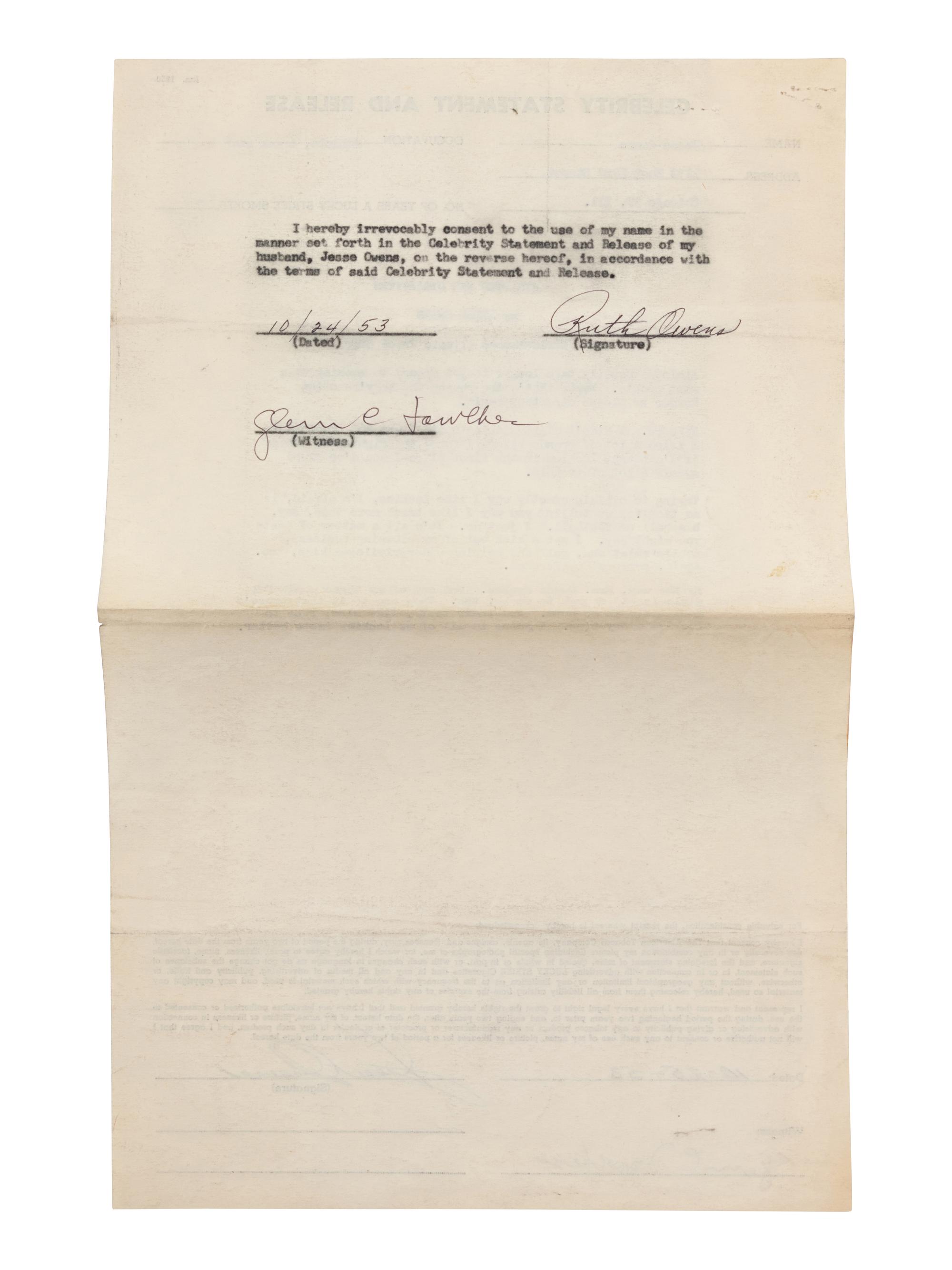 A 1953 Jesse Owens Signed American Tobacco Contract,